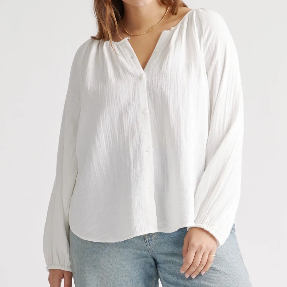 Quince Women 100% Organic Cotton Gauze Peasant Blouse White M